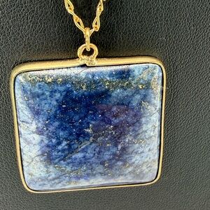 Blue Gold Stone Square Pendant Necklace 27" Gold Tone Long Statement Gift